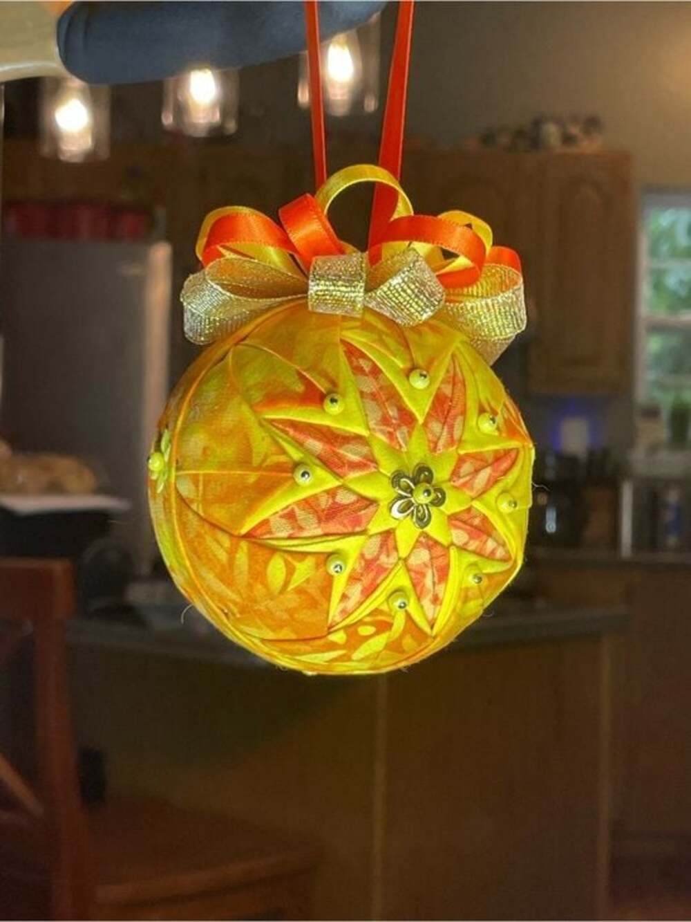 Handcrafted Yellow & Orange  Hanging Ornament with Ribbon Bow. Artist Designed.